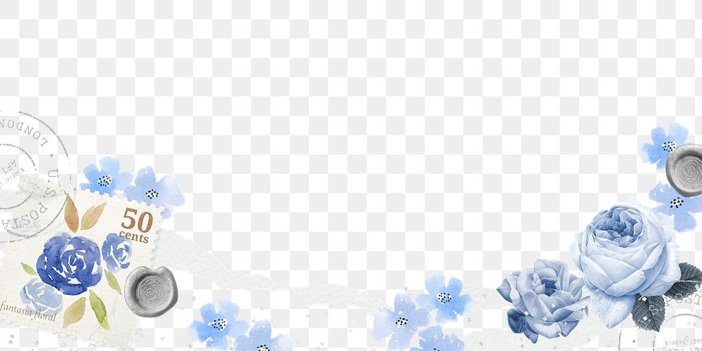 Flower border png blue rose sticker, transparent background, remix illustration