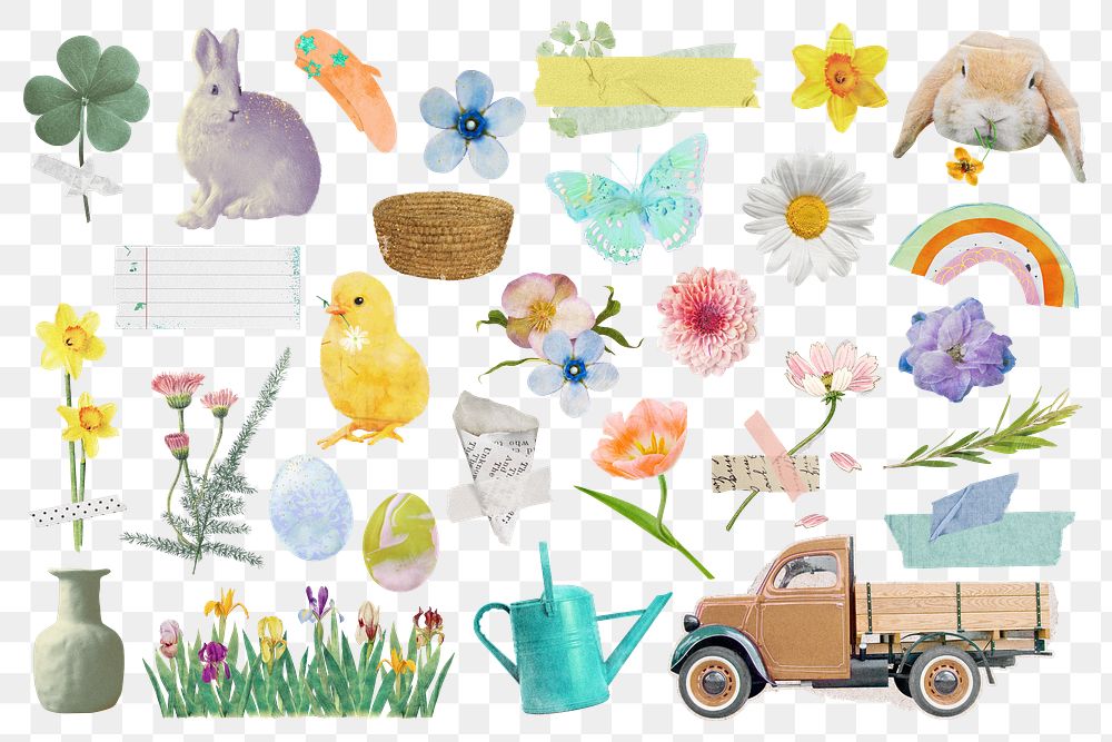 PNG Spring sticker, transparent background, remix illustration set