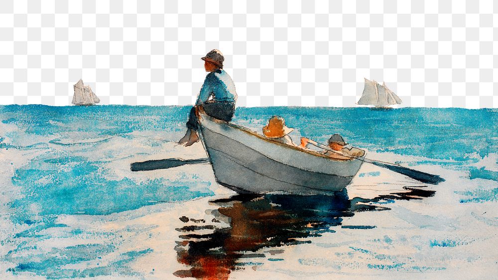 Boys in Dory png border, Winslow Homer's illustration, transparent background, remixed by rawpixel
