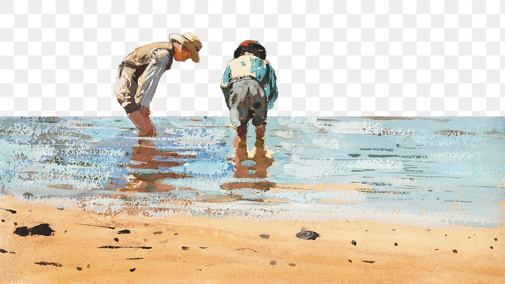 Boys Wading png border, Winslow Homer's illustration, transparent background, remixed by rawpixel