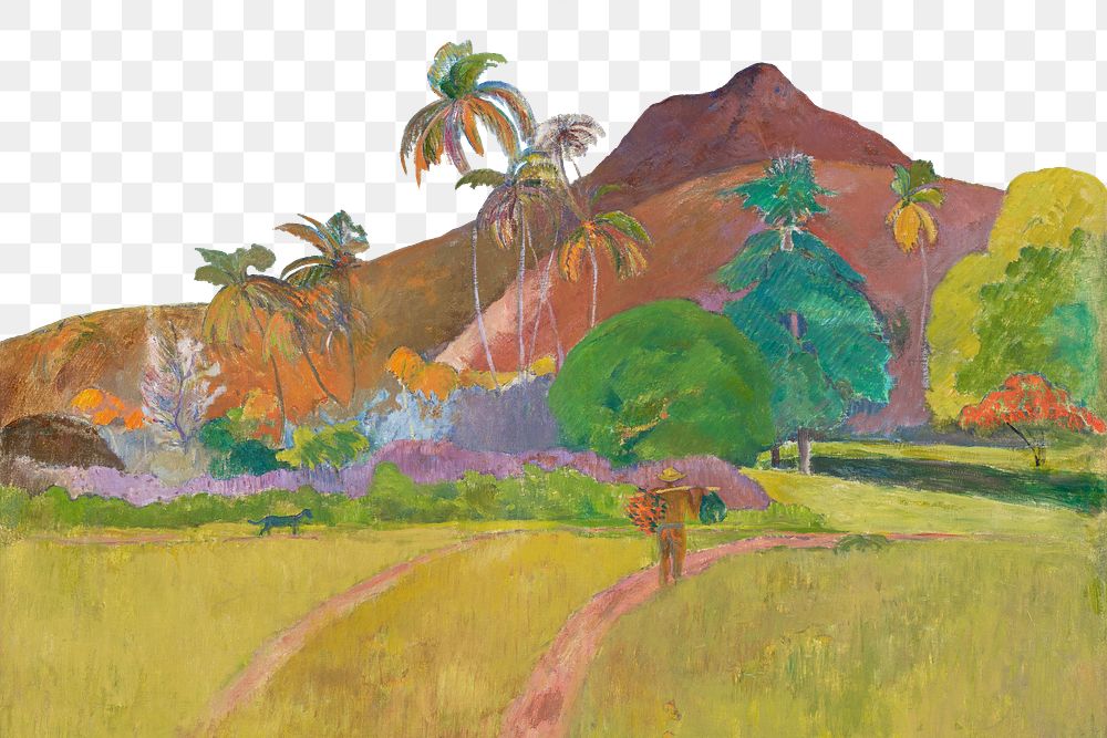 Tahitian Landscape png transparent background, vintage Paul Gauguin's artwork, remixed by rawpixel