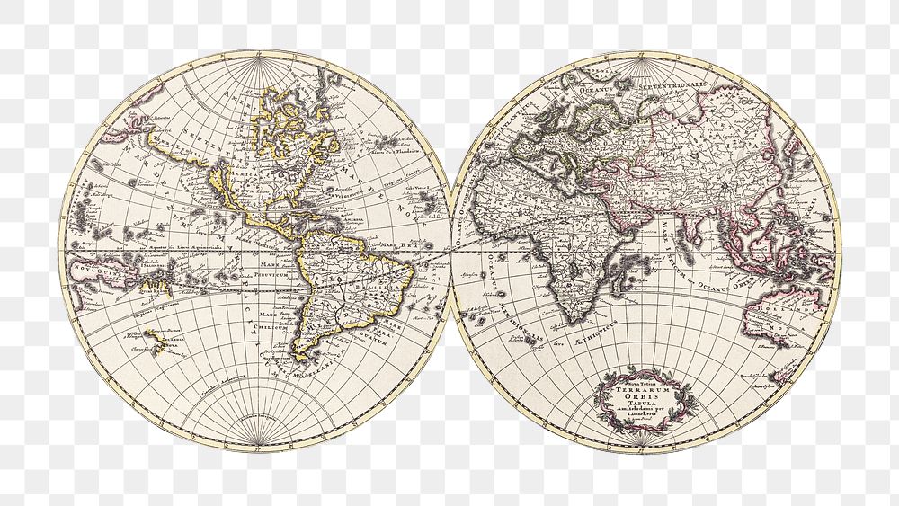Vintage world map png sticker, artwork by Bowles Carington, transparent background, remixed by rawpixel