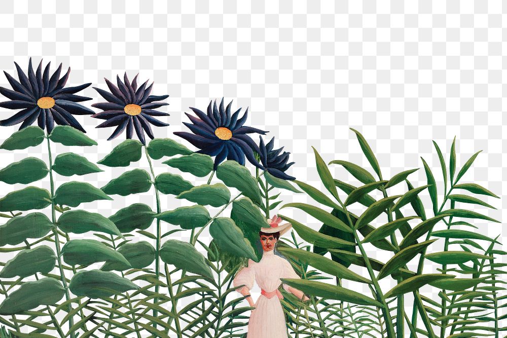 Henri Rousseau's png Woman Walking in an Exotic Forest border, transparent background, remixed by rawpixel