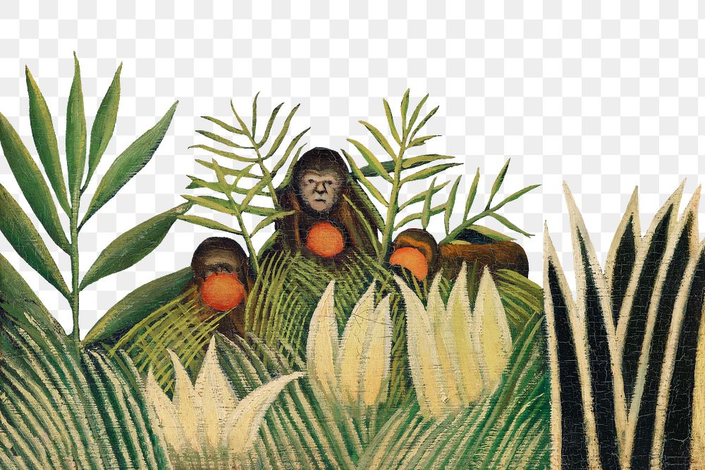 Henri Rousseau's monkey png border, vintage forest border on transparent background, remixed by rawpixel