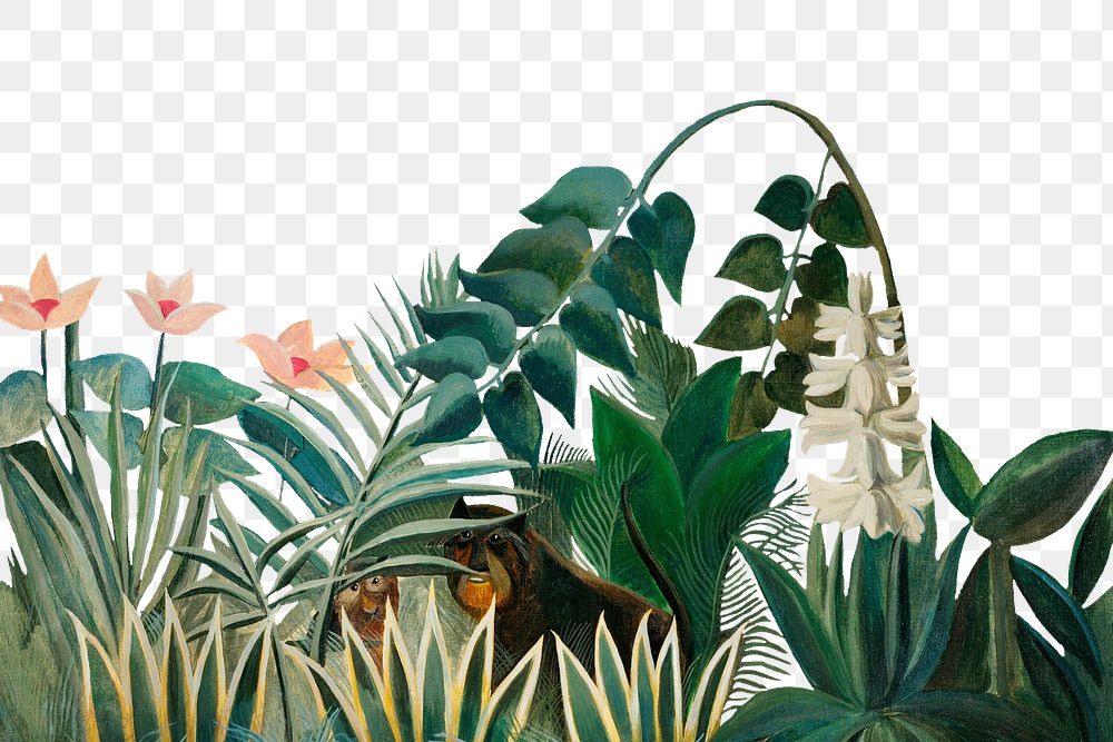 The Equatorial Jungle png border, vintage botanical illustration by Henri Rousseau on transparent background, remixed by…