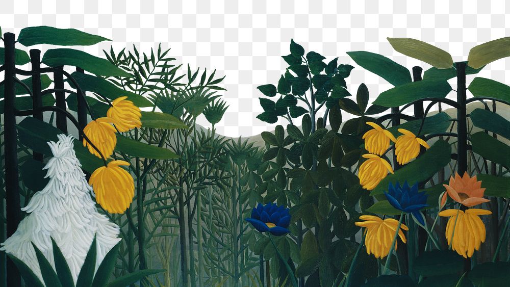 Repast of Lion png border, vintage botanical illustration by Henri Rousseau on transparent background, remixed by rawpixel