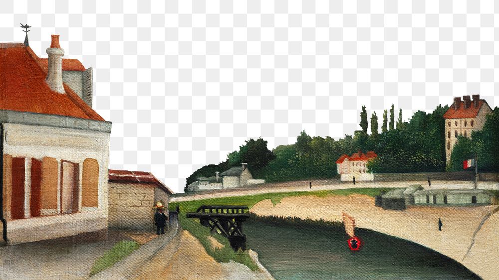 Outskirts of Paris png border, vintage illustration by Henri Rousseau on transparent background, remixed by rawpixel