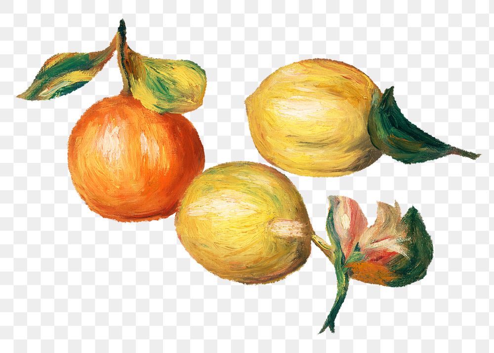 Apples, Orange png sticker, Lemon, Pierre-Auguste Renoir's illustration, transparent background, remixed by rawpixel