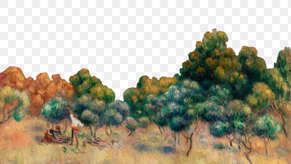 Mount of Sainte-Victoire png border, Pierre-Auguste Renoir's oil painting, transparent background, remixed by rawpixel