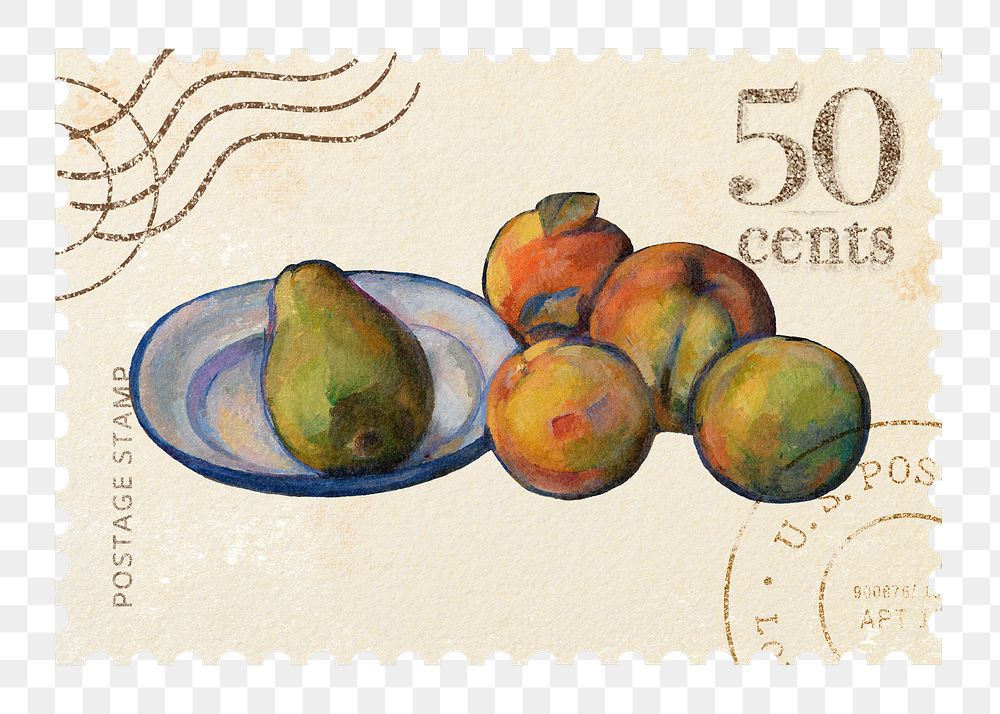 Paul Cezanne&rsquo;s png postage stamp sticker, Still Life with Milk Jug and Fruit on transparent background, remixed by…