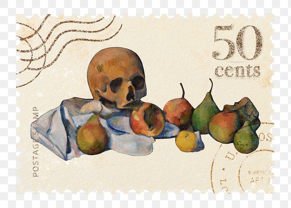 Paul Cezanne&rsquo;s png postage stamp sticker, Still Life with Skull on transparent background, remixed by rawpixel