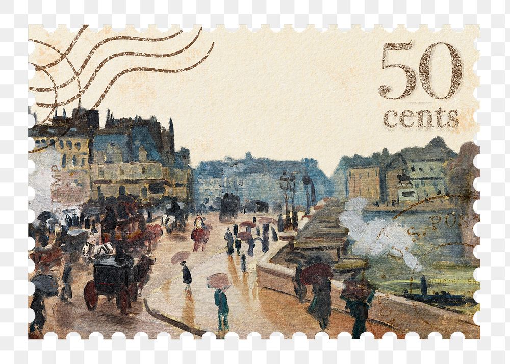 Pont Neuf png postage stamp sticker, transparent background. Claude Monet artwork, remixed by rawpixel.