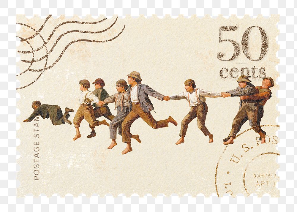 Postage stamp png Winslow Homer's Snap the Whip artwork sticker, transparent background, remixed by rawpixel