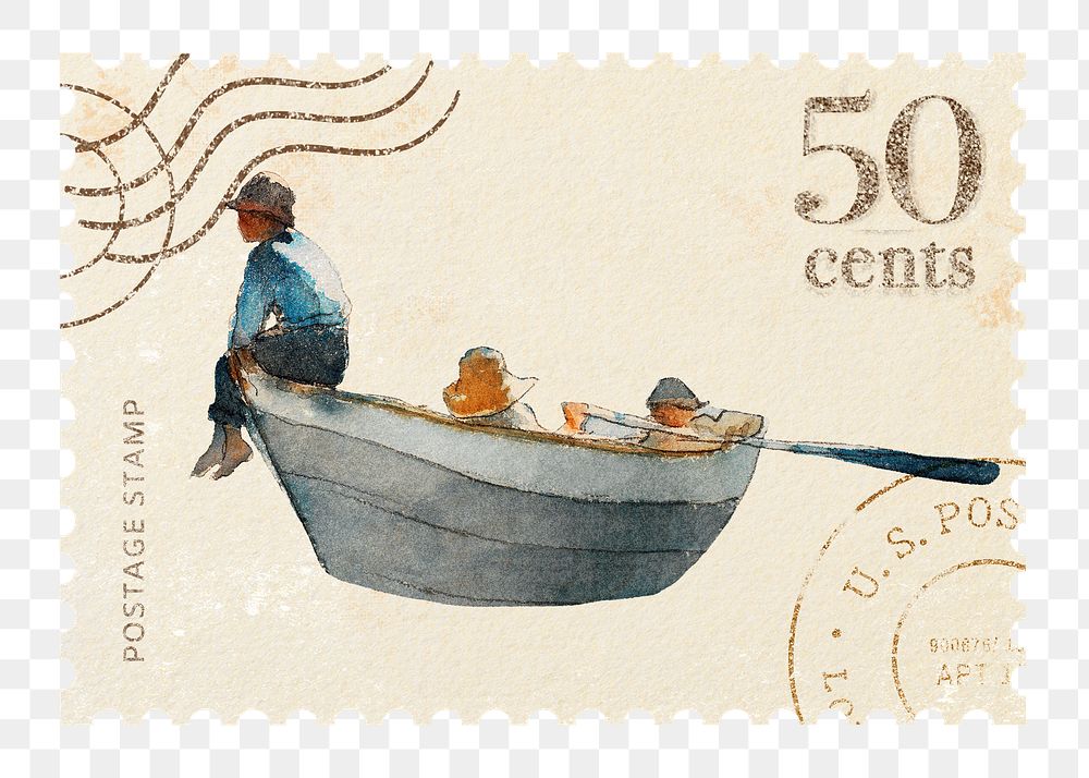 Postage stamp png Winslow Homer's Boys in a Dory sticker, transparent background, remixed by rawpixel