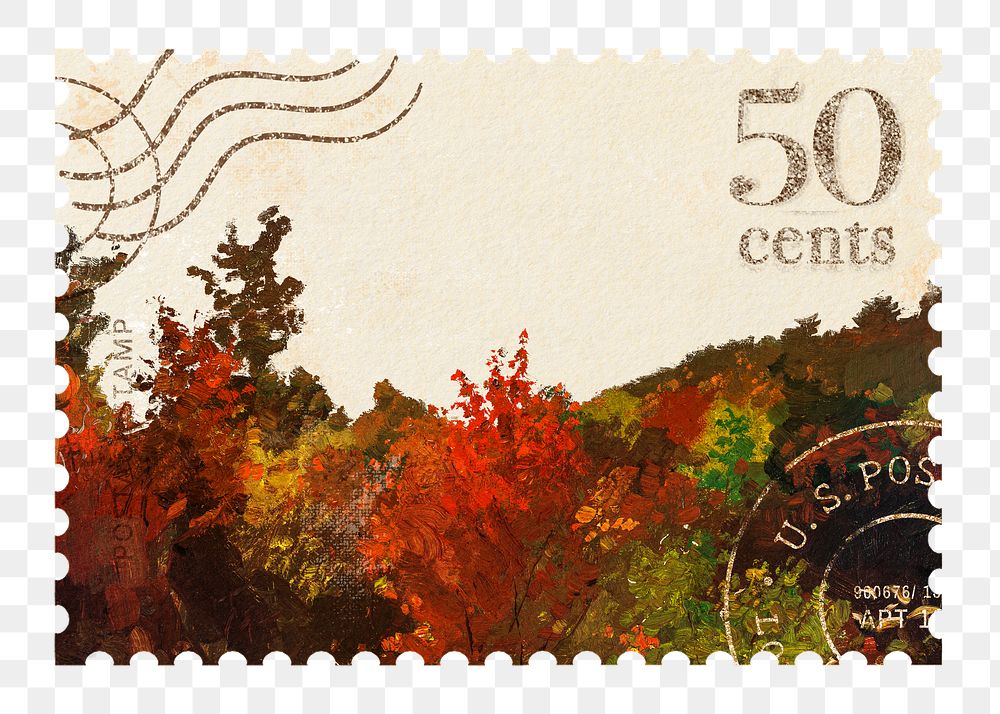PNG Winslow Homer's postage stamp, Autumn Treetops artwork sticker, transparent background, remixed by rawpixel