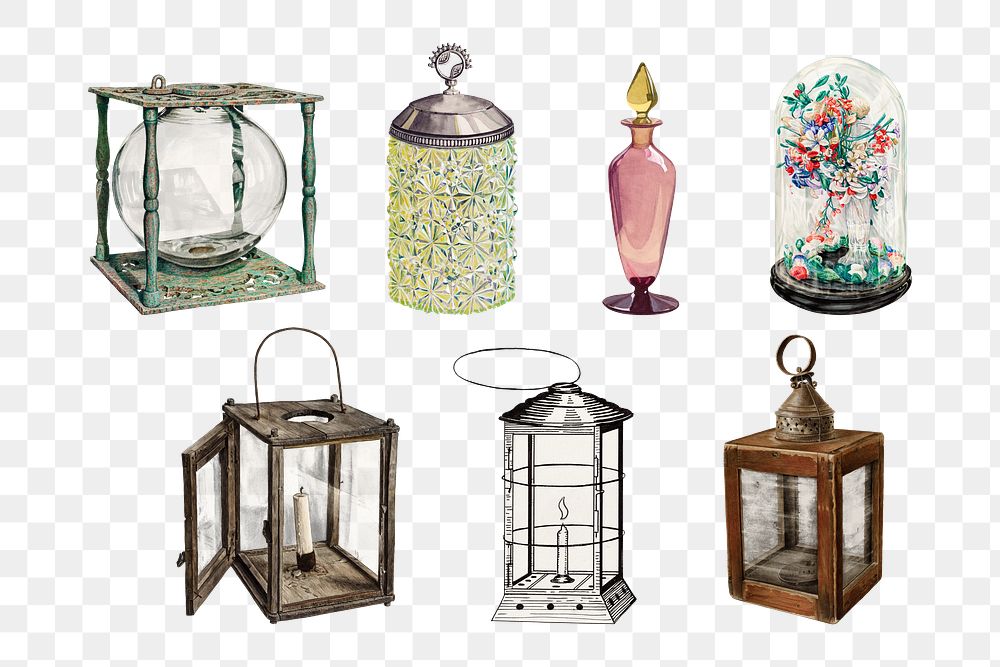 Victorian lantern png vintage object sticker set, transparent background, remixed by rawpixel