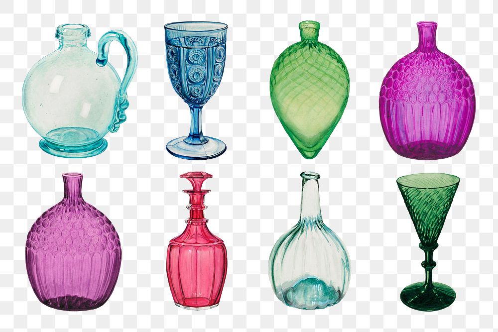 Victorian glassware png vintage object sticker set, transparent background, remixed by rawpixel