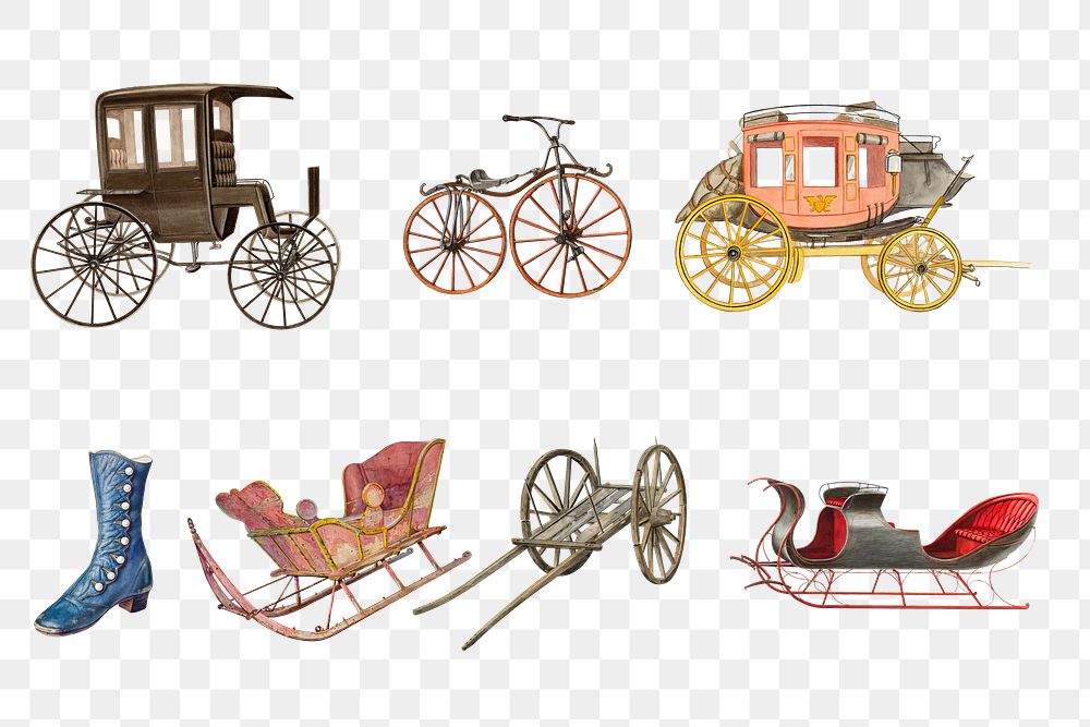 Victorian carriage png vintage transportation sticker set, transparent background, remixed by rawpixel