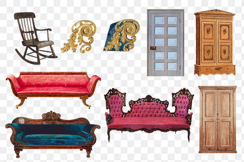 Victorian furniture png vintage fashion sticker set, transparent background, remixed by rawpixel