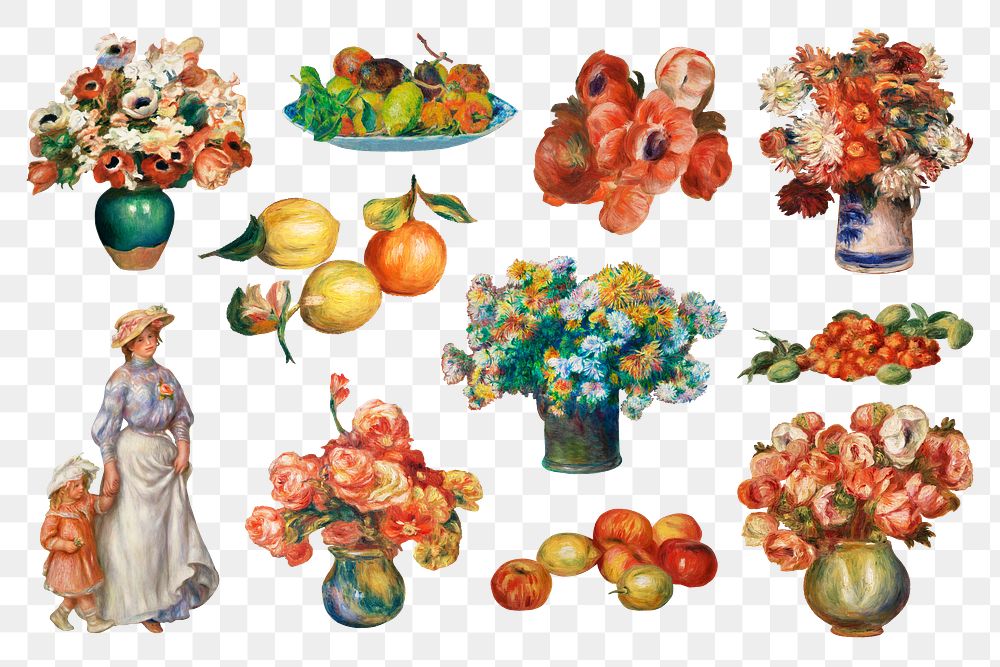 PNG famous flower painting sticker set, transparent background, remixed by rawpixel
