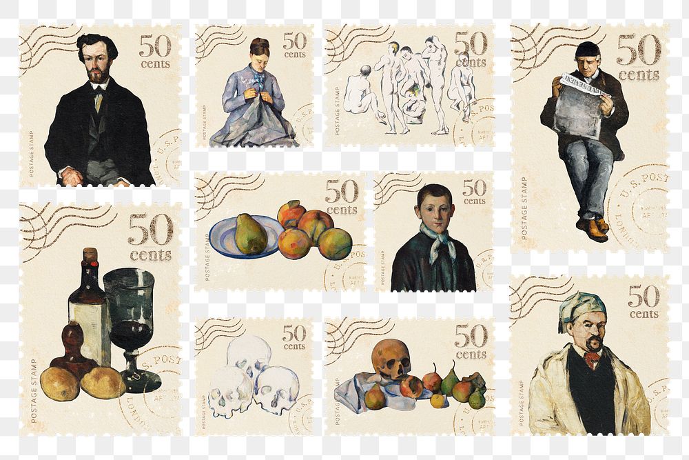 Postage stamp png Paul Cezanne's famous painting sticker set, transparent background, remixed by rawpixel