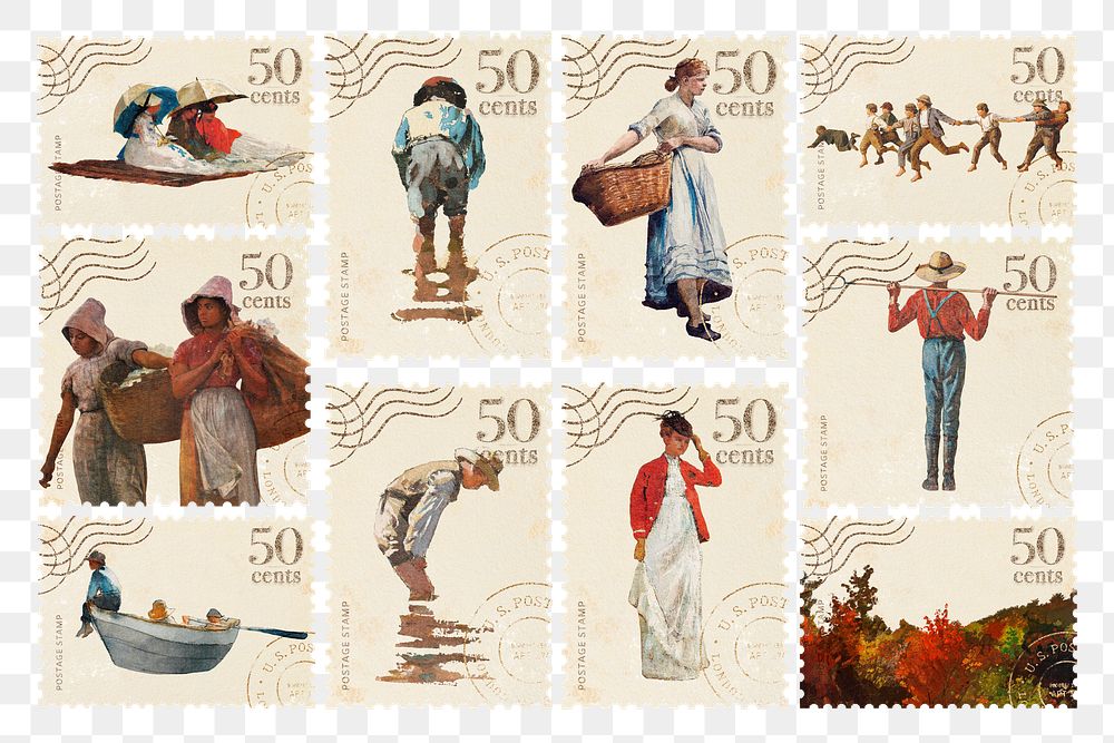 Postage stamp png Winslow Homer's famous painting sticker set, transparent background, remixed by rawpixel