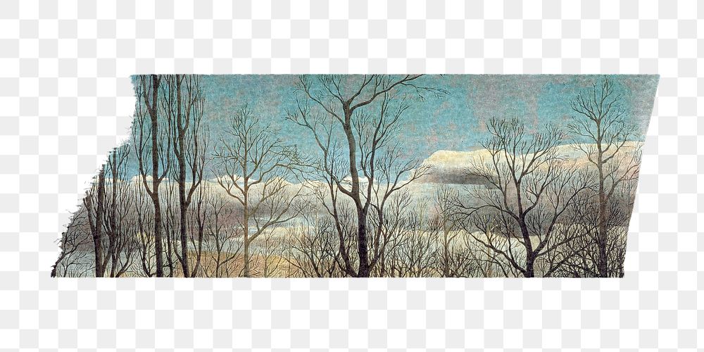 Leafless trees png washi tape sticker, Henri Rousseau's vintage element, transparent background, remixed by rawpixel