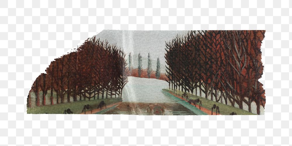 Autumn trees png washi tape sticker, Henri Rousseau's vintage element, transparent background, remixed by rawpixel