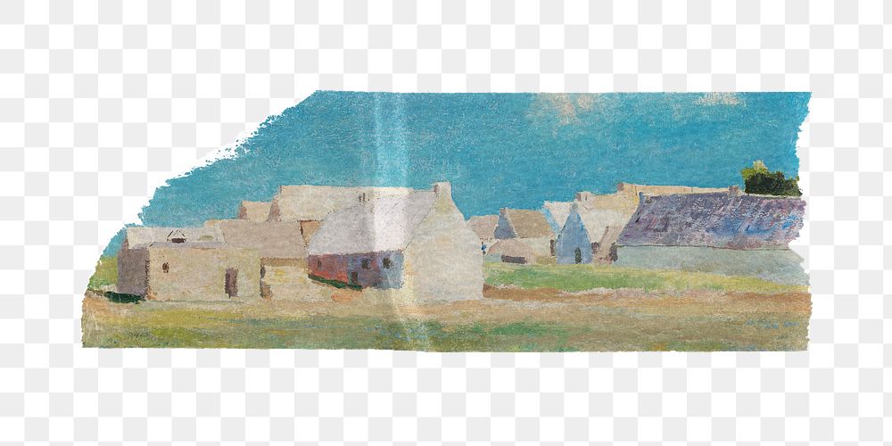 Breton Village png washi tape sticker, Odilon Redon's vintage illustration on transparent background, remixed by rawpixel