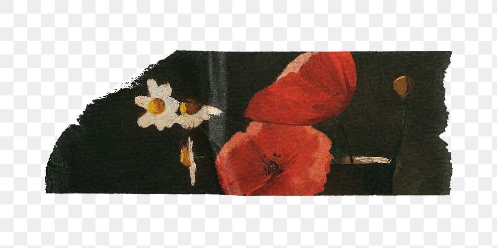 Poppies png Daisies washi tape sticker, Odilon Redon's vintage illustration on transparent background, remixed by rawpixel