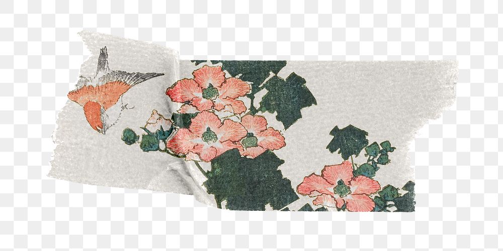 Hokusai's png flower washi tape sticker, vintage botanical illustration, transparent background, remixed by rawpixel