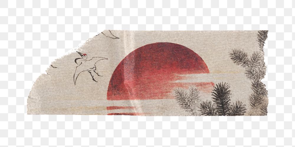 Hokusai's png sunset washi tape sticker, vintage illustration, transparent background, remixed by rawpixel