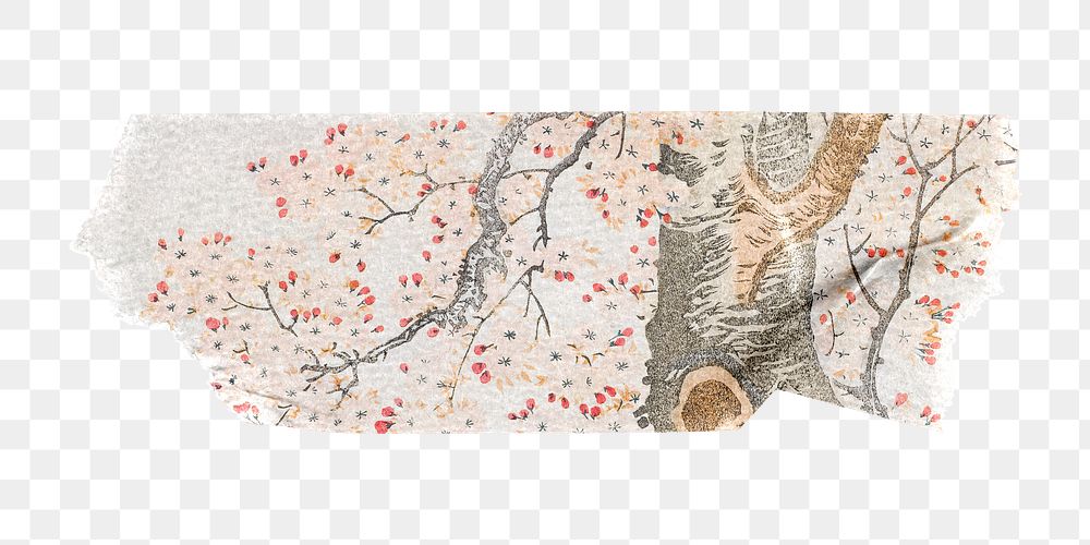 Hokusai&rsquo;s png cherry tree washi tape sticker, Japanese woodblock print, transparent background, remixed by rawpixel