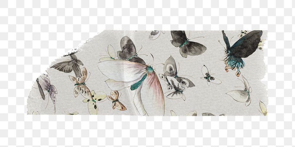 Hokusai's png Butterflies and Moths washi tape sticker, vintage illustration, transparent background, remixed by rawpixel