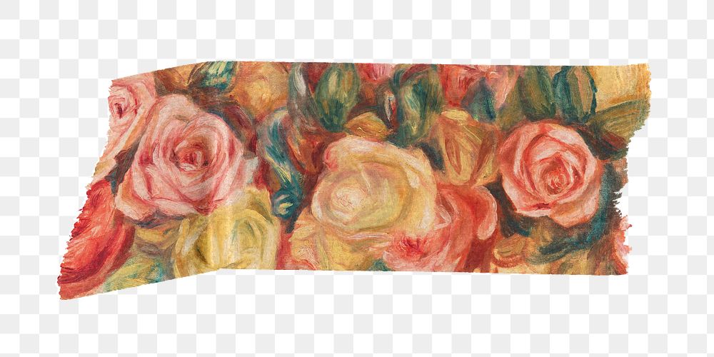 Roses png washi tape sticker, Pierre-Auguste Renoir's artwork, transparent background, remixed by rawpixel
