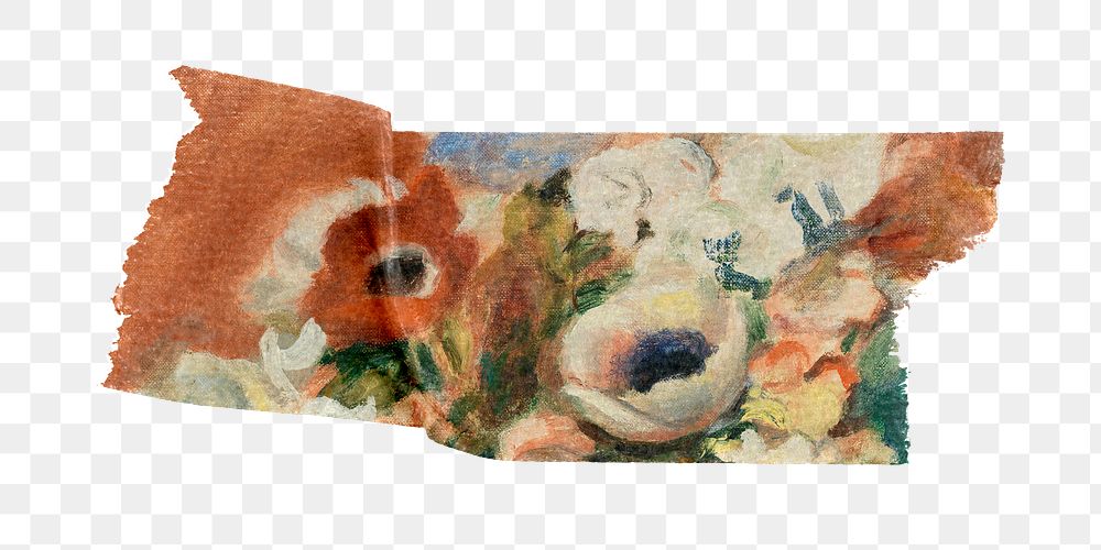 Flowers png washi tape sticker, Pierre-Auguste Renoir's artwork, transparent background, remixed by rawpixel