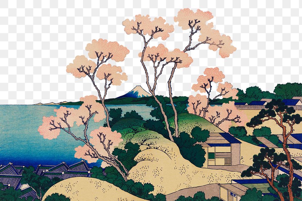 Flower border png Hokusai's sakura blossom, traditional Japanese Ukyio-e style sticker, transparent background. Remastered…