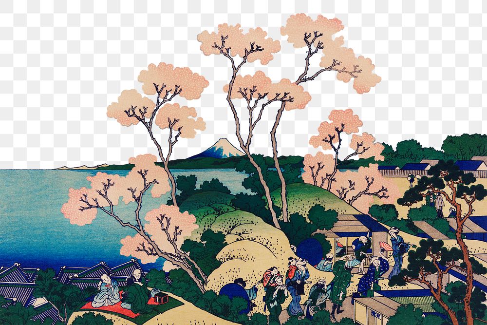 Flower border png Hokusai's sakura blossom, traditional Japanese Ukyio-e style sticker, transparent background. Remastered…