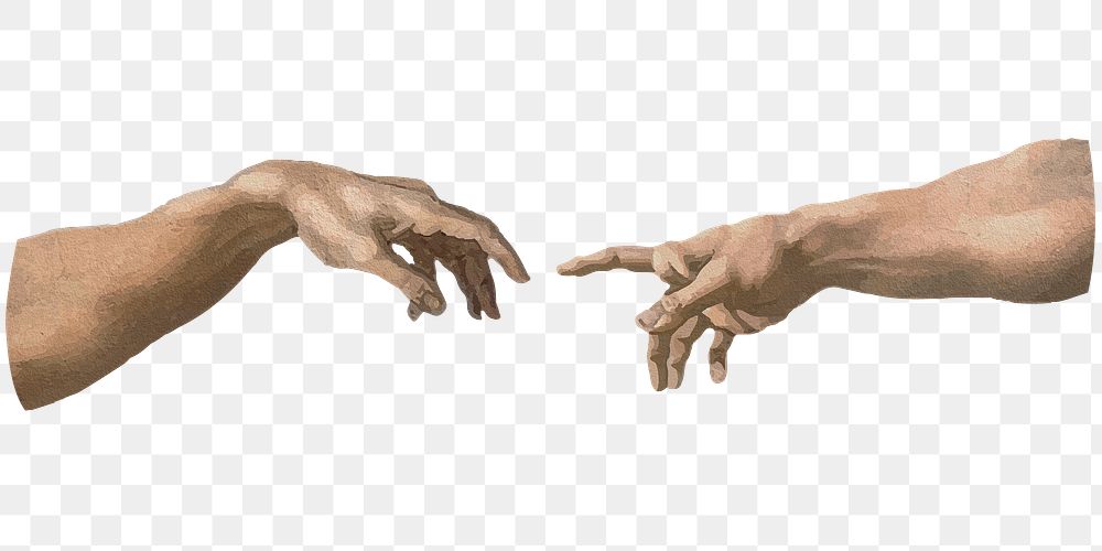 PNG hands of god and Adam, Michelangelo Buonarroti's famous painting, transparent background. Remastered by rawpixel.