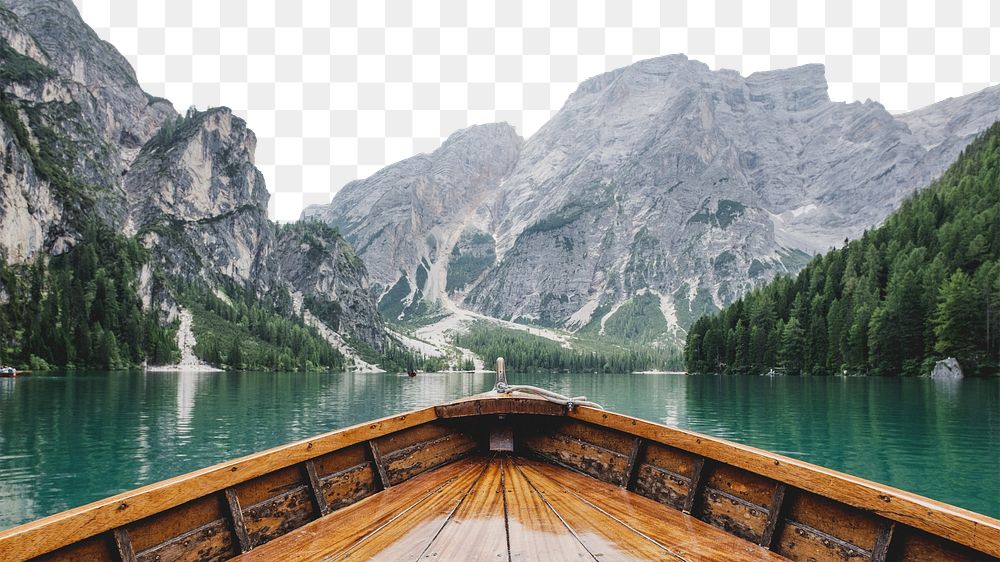 Mountain lake canoe png, transparent background