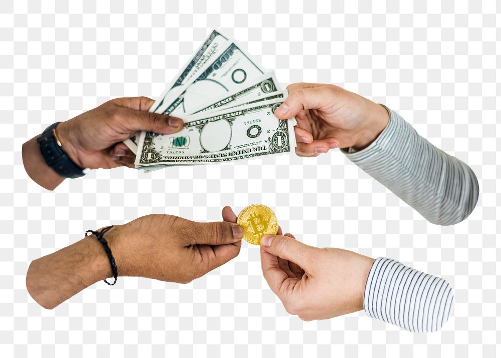 Png exchanging money & bitcoin sticker isolated image, transparent background
