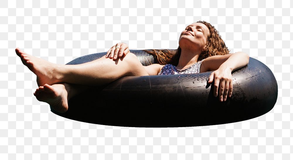 Summer holidays png woman on floating ring sticker, transparent background