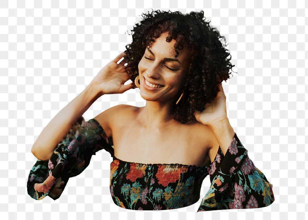 Beautiful curly-haired woman png sticker, transparent background