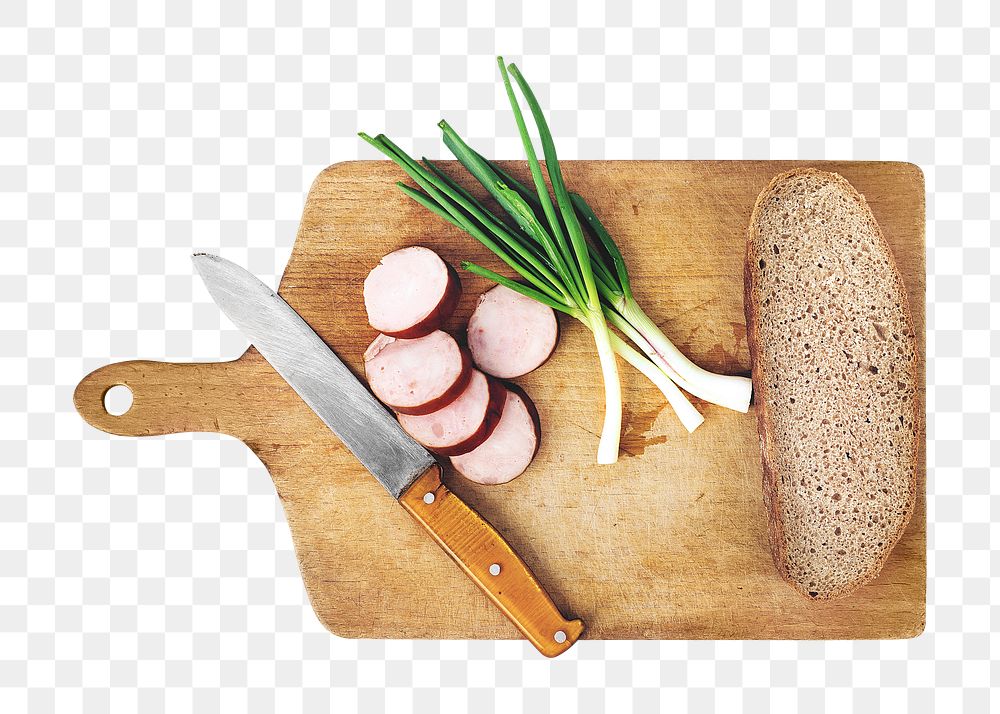 Bread on cutting board png collage element, transparent background