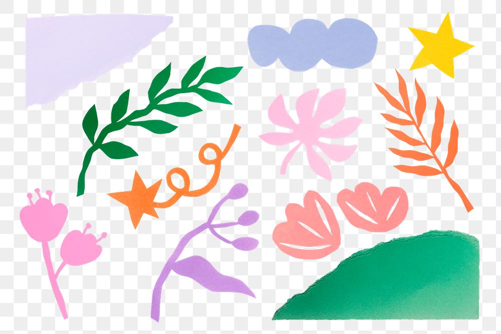 Abstract plant png doodles, cute colorful collage elements, transparent background