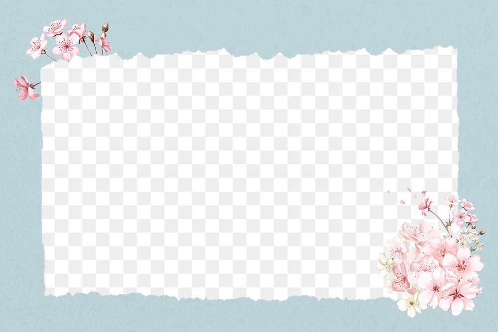 Ripped paper png frame, cherry blossom flower transparent design