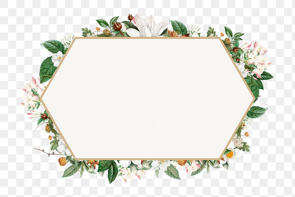 PNG Floral hexagon badge, white flower design, transparent background