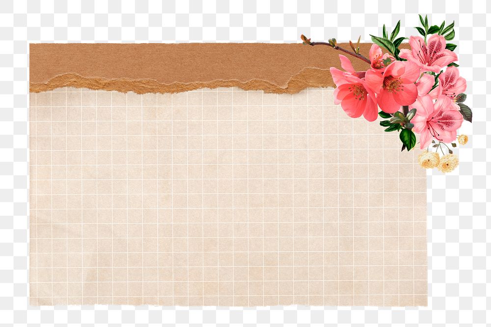 PNG Beige grid paper, pink flower design, transparent background