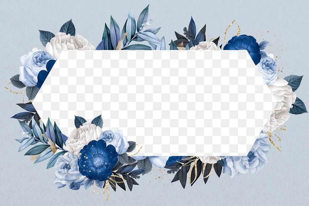 Winter flower png frame, blue hexagon shape transparent design
