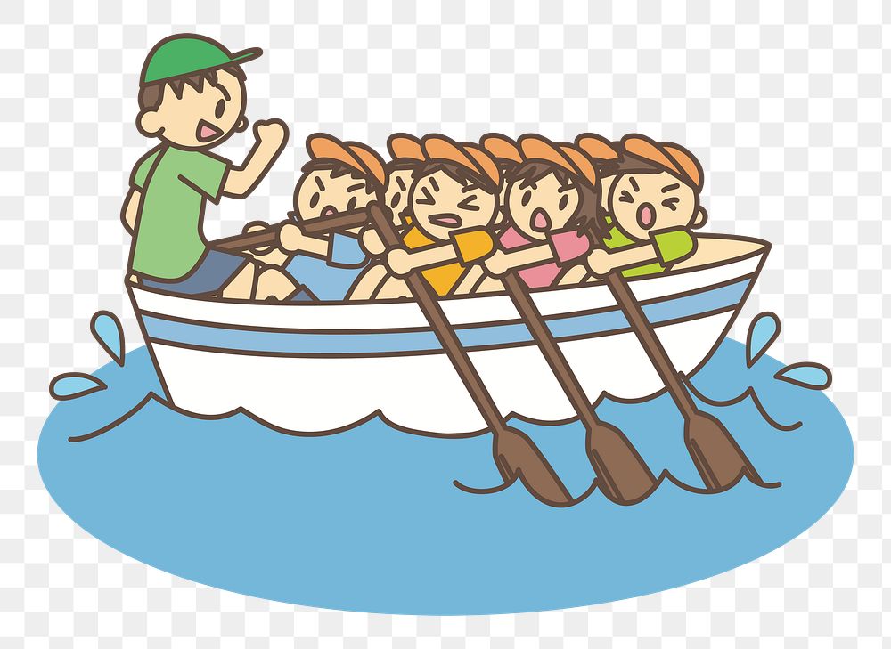 Students paddling boat png clipart, transparent background. Free public domain CC0 image.